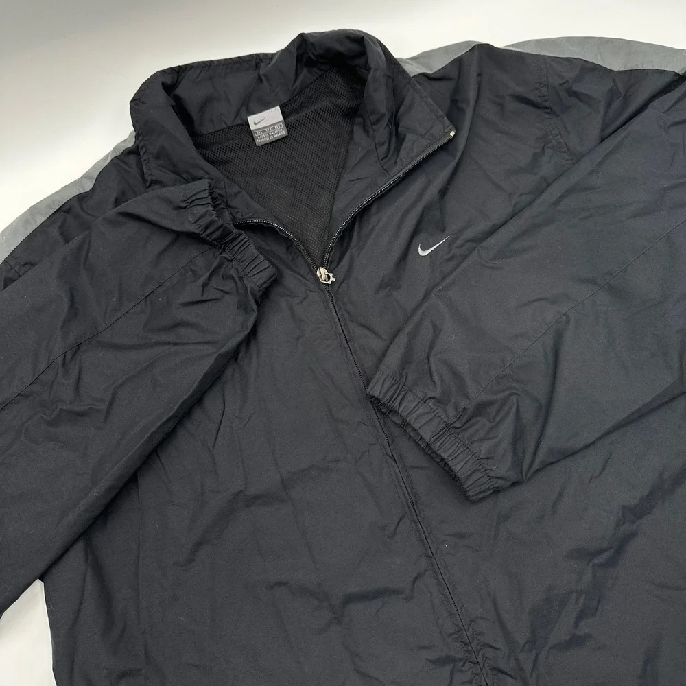 VTG Nike Windbreaker Jacket Mens XXL Black Grey Full Zip‎ Mesh Lined Swoosh Y2K